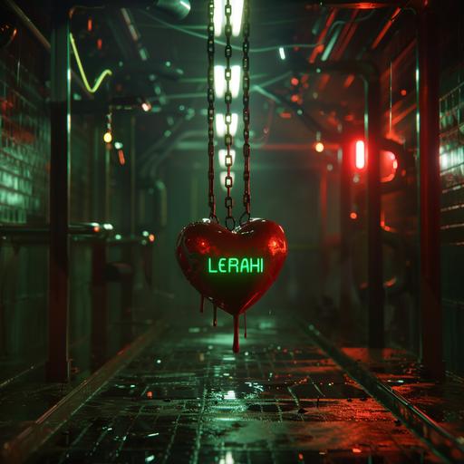 a candy red cyberpunk heart hangs from chains in a dystopian laboratory hallway as acrid green smoke seeps from the floor grates. The lights in the hallway are dim, allowing the floating word LEWRACHI in neon green cyberpunk text to refract across the center of the screen. 8k cinematic