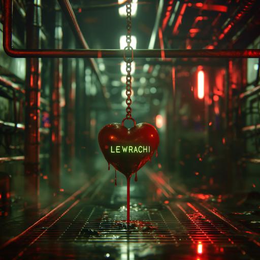 a candy red cyberpunk heart hangs from chains in a dystopian laboratory hallway as acrid green smoke seeps from the floor grates. The lights in the hallway are dim, allowing the floating word 