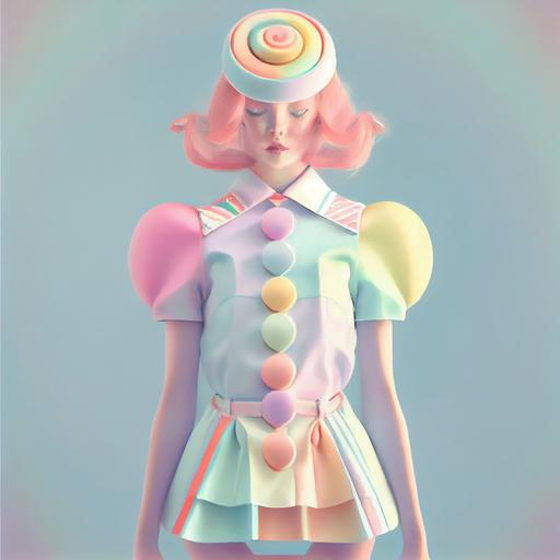 a candy superhero. Pastel colors, very cute and fashionable costume painted by Magali villenueve and Lois van baarle and Ilya kuvshinov psychodelic priest , fashion photography, matt Pantone Knitted anglerfish fashion cap banshee Avatar inspired fashion dress prismatic lighting hyperrealistic 1940's fashion, wide angle, panoramic view --upbeta --v 4
