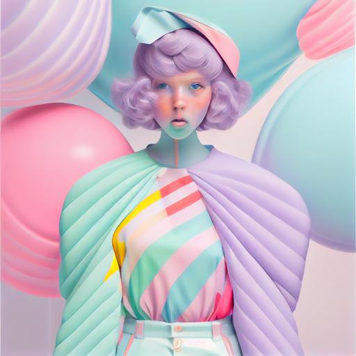 a candy superhero. Pastel colors, very cute and fashionable costume painted by Magali villenueve and Lois van baarle and Ilya kuvshinov psychodelic priest , fashion photography, matt Pantone Knitted anglerfish fashion cap banshee Avatar inspired fashion dress prismatic lighting hyperrealistic 1940's fashion, wide angle, panoramic view --upbeta --v 4