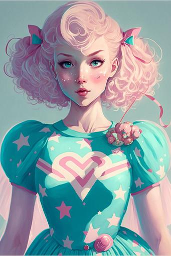 a candy superhero. Pastel colors, very cute and fashionable costume painted by Magali villenueve and Lois van baarle and Ilya kuvshinov --ar 2:3 --v 4
