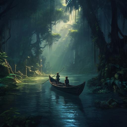 a canoe in the mangrove, dark jungle around, ray of light pass through, 4 medieval adventurers are on the canoe, ruins and wall are in the water, crocodiles swim. wallpaper size
