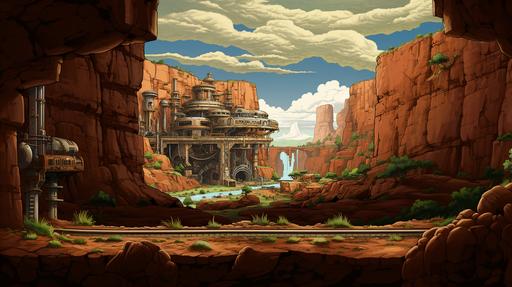 a canyonland environment, flooded rivervalleys carve through the hard rock and dense foliage covers the canyon walls. A ecofriendly Steampunk civilization colonizing the canyon lowlands, building along the canyon rim and hanging along the cliff walls, bridges and elevators powered by waterfalls, ecopunk, retro animation classic 2d hand drawn art in the style of Gearbox's Borderlands, increased contrast and use complimentary colors to pop contrast between the foreground and background and desaturate and blur in the background as it fades into the background, antialiasing, cinematic lighting, rim lighting, parallax, imax quality visuals, ilm, weta digital, octane render, 16k --ar 16:9