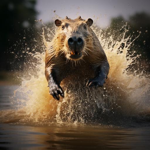 a capybara jumping on a Nile crocodiles head in ultra realism national geographic picture of the year