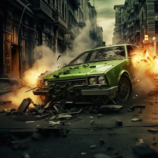 a car running on a street in the middle of a big city, un gas explosion under the car from a manhole in the street, green details on the car with metallic finish, shining metal wheels, rendering photorealistic, cinematographic style, action movie