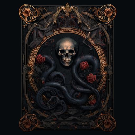a card done in a dark academia style, within a gothic framed border, with a wreath of snakes and botanicals, and an empty space in the middle of the card