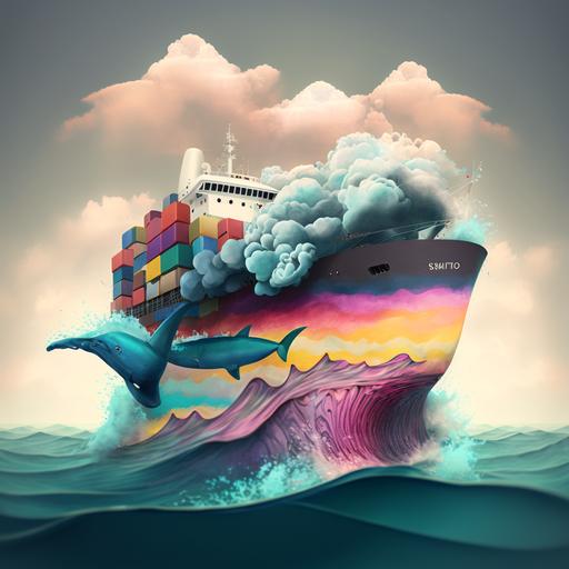 a cargo ship with 10 huge containers of pastel colors on it, sailing in the ocean. The ship is painted as killer shark. Waves around are moderate, sky is cloudy, but not dark. On the horizon there is an island.
