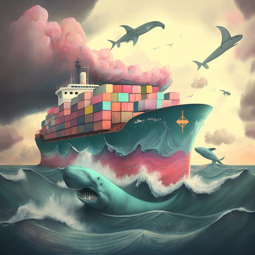 a cargo ship with 10 huge containers of pastel colors on it, sailing in the ocean. The ship is painted as killer shark. Waves around are moderate, sky is cloudy, but not dark. On the horizon there is an island.