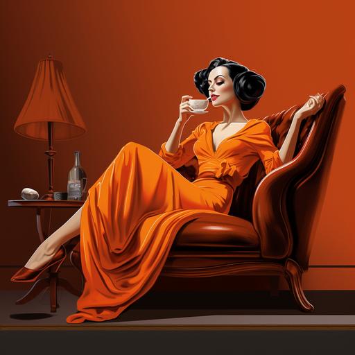 a caricature of a greek lady resting on an orange couch and having a cup of tea after a hard working day