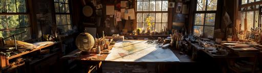 a cartography map on a workshop table with wood shavings and tools, in a shed, sunrays through the window