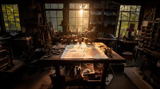 a cartography map on a workshop table with wood shavings and tools, in a shed, sunrays through the window --ar 16:9
