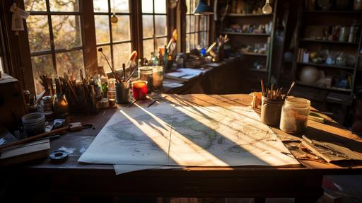 a cartography map on a workshop table with wood shavings and tools, in a shed, sunrays through the window --ar 16:9