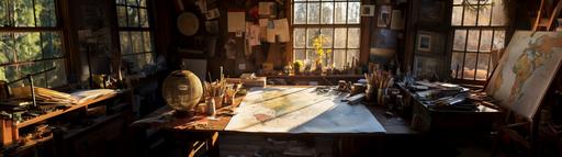 a cartography map on a workshop table with wood shavings and tools, in a shed, sunrays through the window