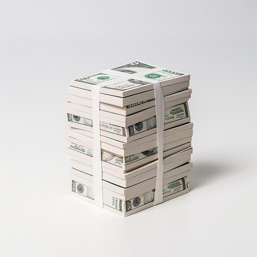 a carton plastic style stack on money in a perfect square with a white background