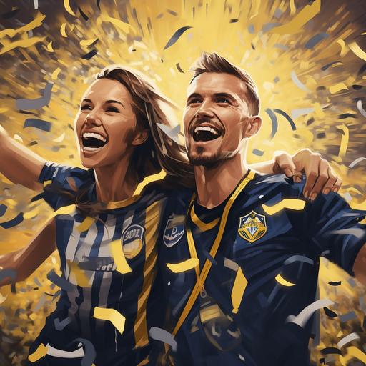 a cartoon , fenerbahçe football team won the thropy and they are celebrating after match. 8k , hyperrealistic , edin dzeko and dusan tadic together , cinematic , also a woman with them , a dark and flat hairy skinny woman wearing casual celebrating with them , fairytale