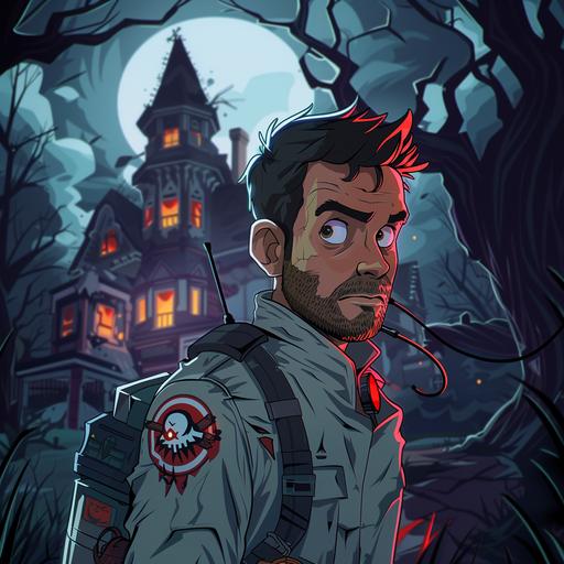 a cartoon GTA inspired ghost buster character looking at the camera with a haunted house background --s 250 --v 6.0