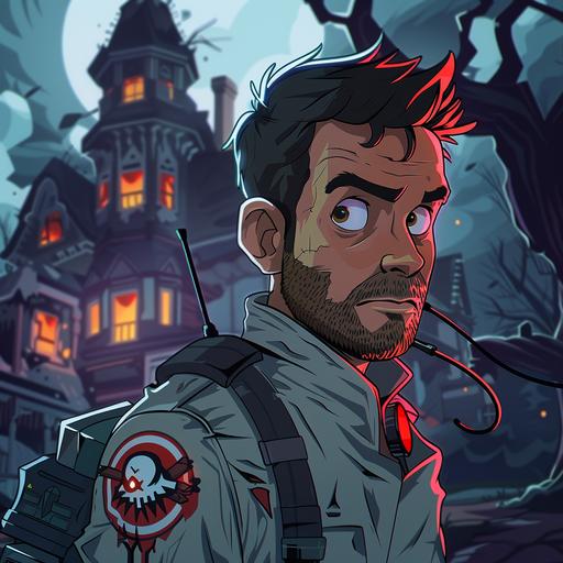 a cartoon GTA inspired ghost buster character looking at the camera with a haunted house background --s 250 --v 6.0