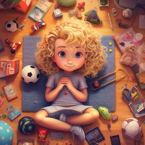 a cartoon animation of 3 year old girl with blonde, curly hair and blue eyes laying down on a blanket in the middle of a wooden floor of her bedroom surrounded by many of toys including a soccer ball, a toy airplane, stuffed animals, and a tablet