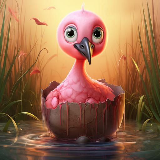 a cartoon baby flamingo being hatched from a pink egg nestled in mud and reeds
