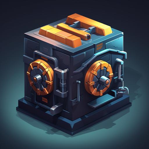 a cartoon bank safe with a big rotating unlocker on the ouside, stylized, isometric view with prespective, dark backdrop, studio lighting