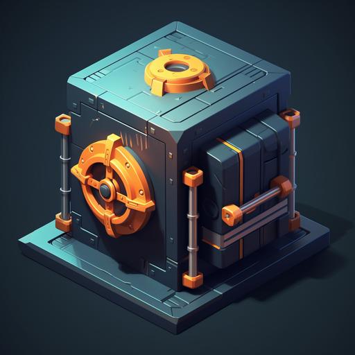 a cartoon bank safe with a big rotating unlocker on the ouside, stylized, isometric view with prespective, dark backdrop, studio lighting