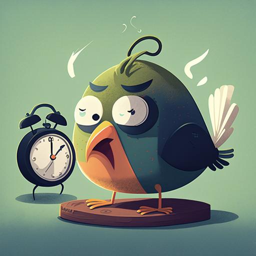 a cartoon bird waking up tired and groggy, reaching for the snooze button on an alarm clock