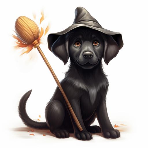 a cartoon black lab dog wearing a halloween witch costume with a hat and a broom, white background