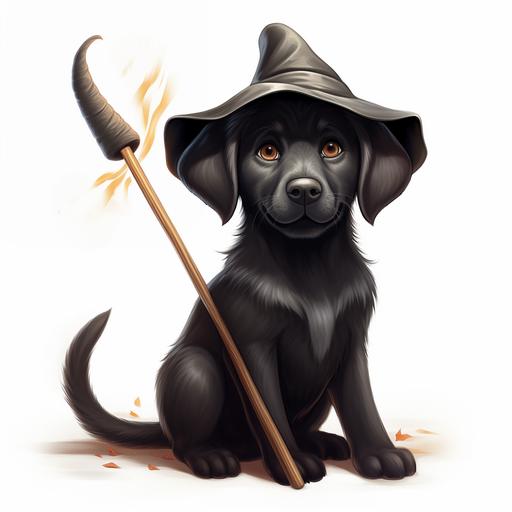 a cartoon black lab dog wearing a halloween witch costume with a hat and a broom, white background