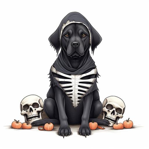 a cartoon black lab dog wearing a skeleton halloween costume sitting in front of a white background