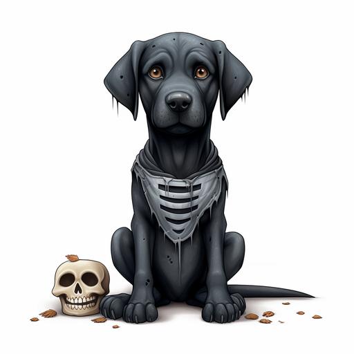 a cartoon black lab dog wearing a skeleton halloween costume sitting in front of a white background