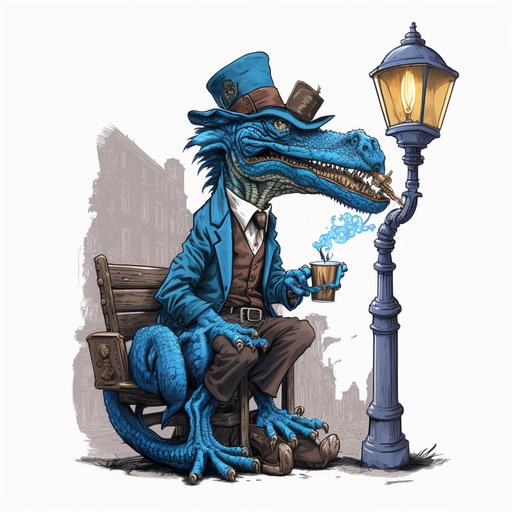 a cartoon blue dragon resting against a old fashioned street light smoking a cigar wearing a fedora