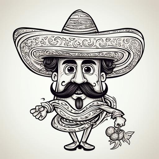 a cartoon caricature for a coloring book of a full-body, festive jalapeno pepper with cartoon mexican man face, big mustache, wearing a huge mexican sombrero, no color, thick black lines, no detail, no back ground.