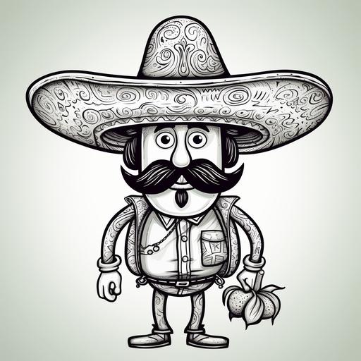 a cartoon caricature for a coloring book of a full-body, festive jalapeno pepper with cartoon mexican man face, big mustache, wearing a huge mexican sombrero, no color, thick black lines, no detail, no back ground.