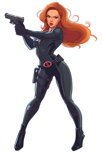 a cartoon caricature of the Black Widow from Marvel Comics, white background, full body posing with a gun in hand, flat colors --ar 2:3 --v 6.0
