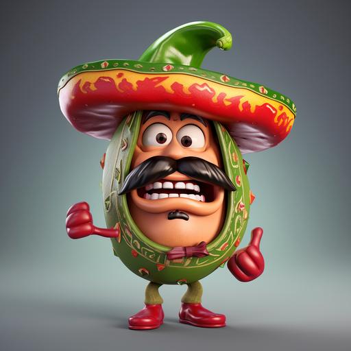 a cartoon caricature, vibrantly colored 3D, full-body, festive jalapeno pepper with cartoon mexican man face, big mustache, wearing a huge mexican sombrero, no back ground.