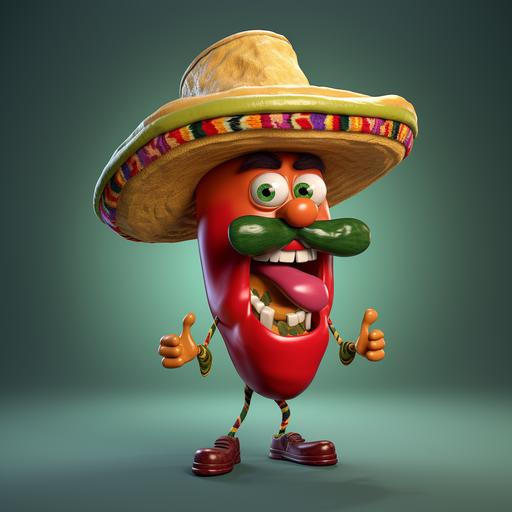 a cartoon caricature, vibrantly colored 3D, full-body, festive jalapeno pepper with cartoon mexican man face, big mustache, wearing a huge mexican sombrero, no back ground.