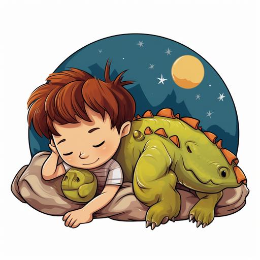 a cartoon character boy is sleeping with a cartoon saturnalia dinosaur in his hand on a white background.