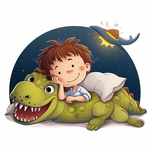 a cartoon character boy is sleeping with a cartoon saturnalia dinosaur in his hand on a white background.