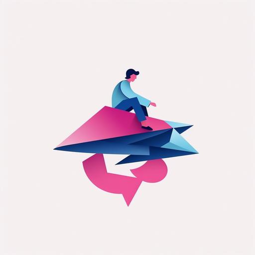 a cartoon character riding a big paper plane business logo, minimalist, pink and blue colors