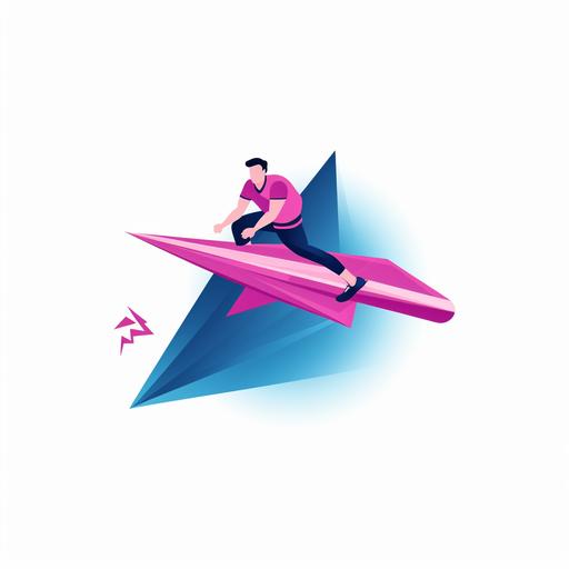a cartoon character riding a big selfmade paper plane business logo, minimalist, pink and blue colors