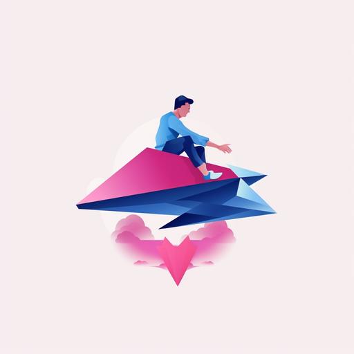 a cartoon character riding a paper plane business logo, minimalist, pink and blue colors