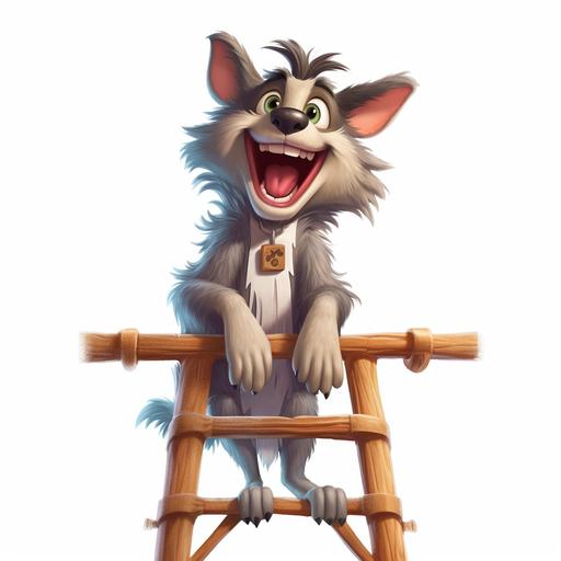 a cartoon character smiling and funny wolf with a hanging tongue perched on a ladder