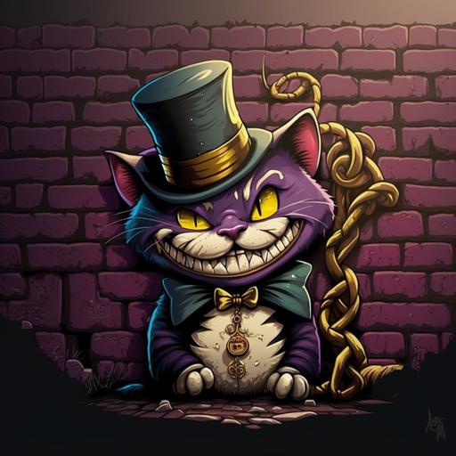 a cartoon cheshire cat leaning against a brickwall with a large gold chain on and a top hat