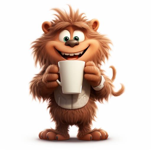 a cartoon coffee cup character, casual attire, Pixar style, furry art, white background