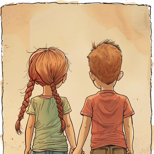 a cartoon comic strip of a little boy and a little girl holding hands. The girl has pigtail braids, blonde to brown hair. The boy has short reddish brown hair. The image shows them from behind