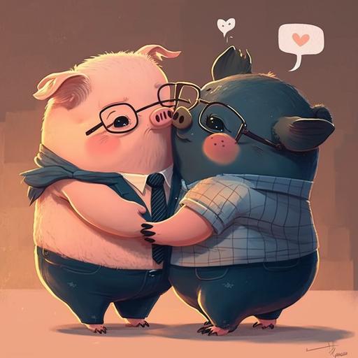 a cartoon couple. chicken is boy. pig is girl. [muscle male chicken with glasses] hug [chubby   long black hair pig], cute style, romantic - @Vyvy (fast)
