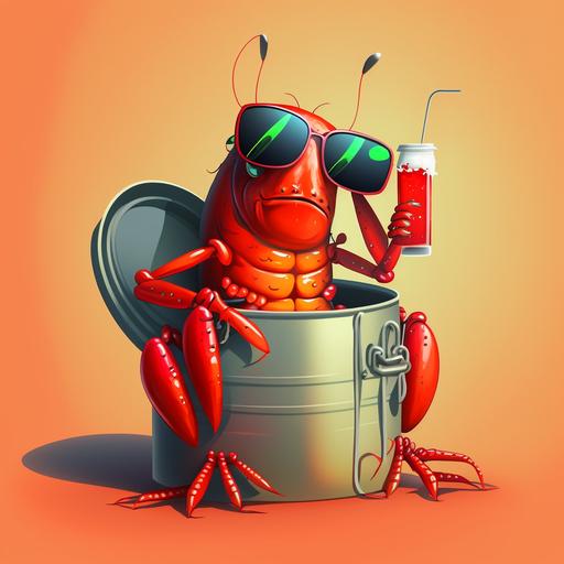 a cartoon crawfish wearing sunglasses, holding a drink and lounging in a large aluminum boil pot on a sunny afternoon