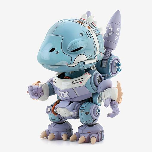 a cartoon cute T-Rex dinosaur character using an armature inspired by Kow Yokoyama Ma.k. Series from Pop Mart toys, white background, cute vinyl toy, 3d model, stl, mecha style suit --v 6.0 --s 250 --style raw