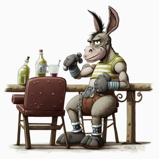 a cartoon donkey with boxing gloves hanging from his waist sitting on a bar stoole at a bar having a drink