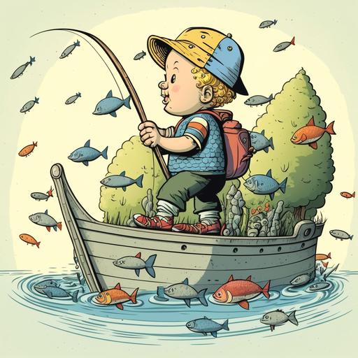 a cartoon drawing of a happy holding a fish on a boat with many fish in the bucket. use this image as an example for the art style